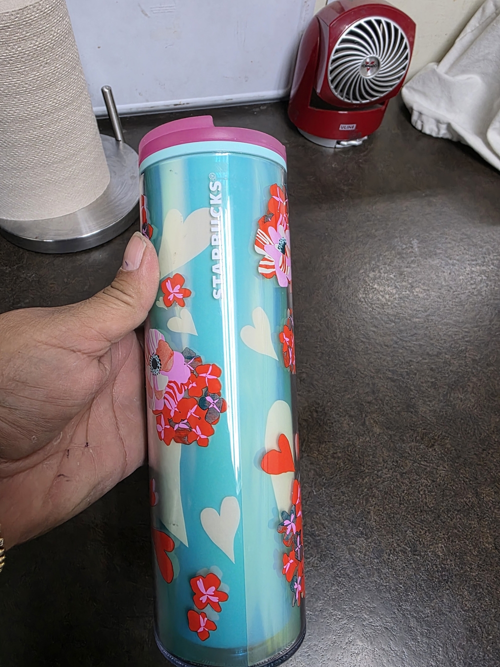 Starbucks Turquoise Floral Travel Tumbler with Pink Lid